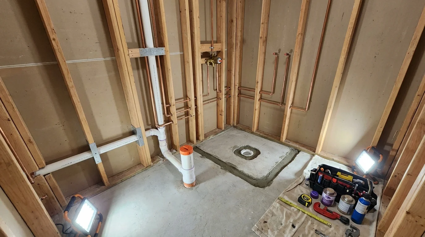Bathroom rough-in plumbing during remodel by Johns Plumbing LLC in Rialto