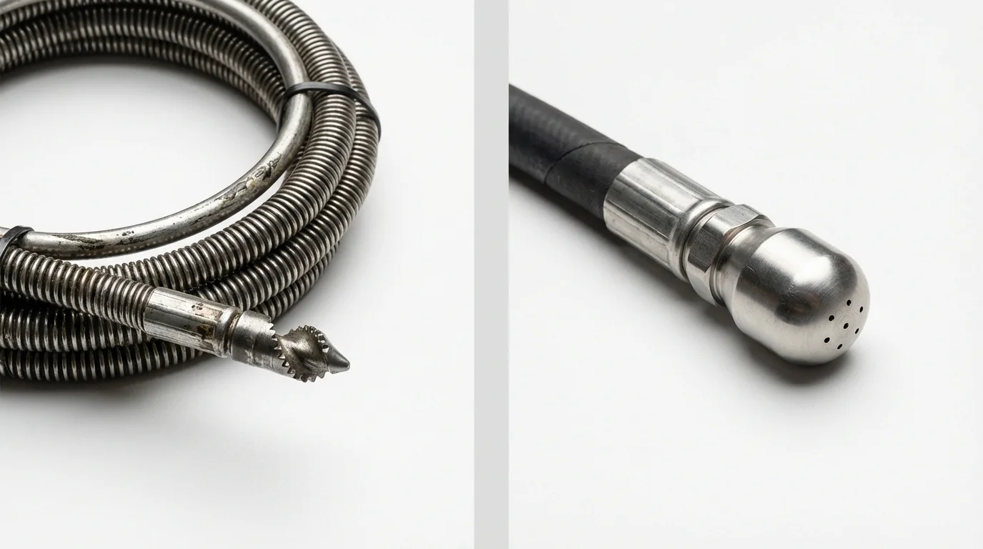 Drain snake cable and hydro jetting nozzle used for drain cleaning in Rialto, CA