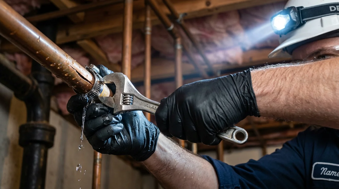 Emergency pipe clamp repair being performed by a Johns Plumbing LLC plumber in Rialto