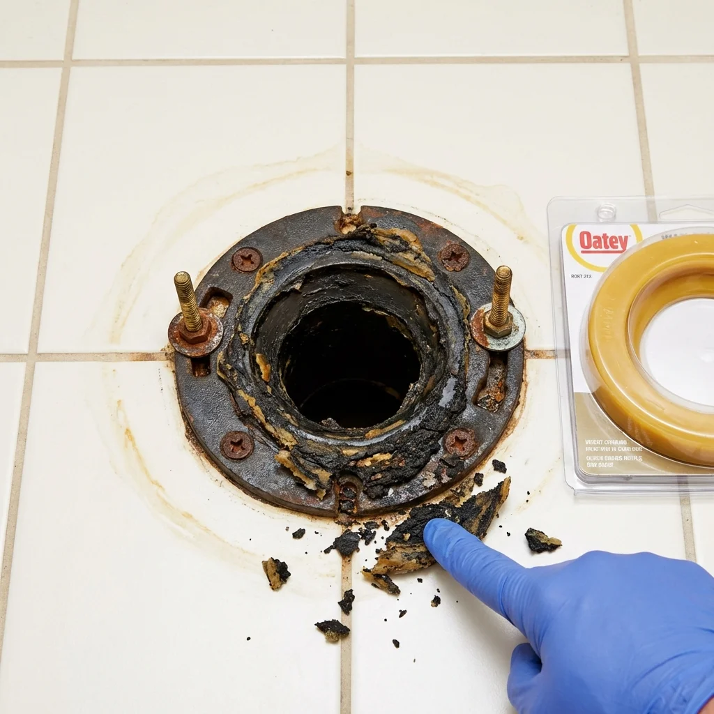 Failed wax ring showing water seepage at the base of a toilet in a Rialto, CA home