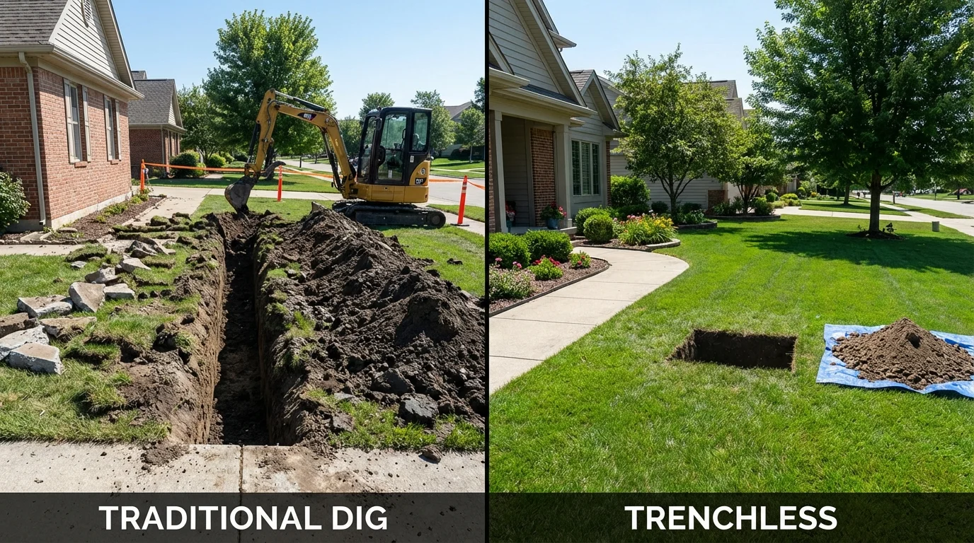 Trenchless sewer repair with minimal yard damage versus traditional excavation in Rialto, CA