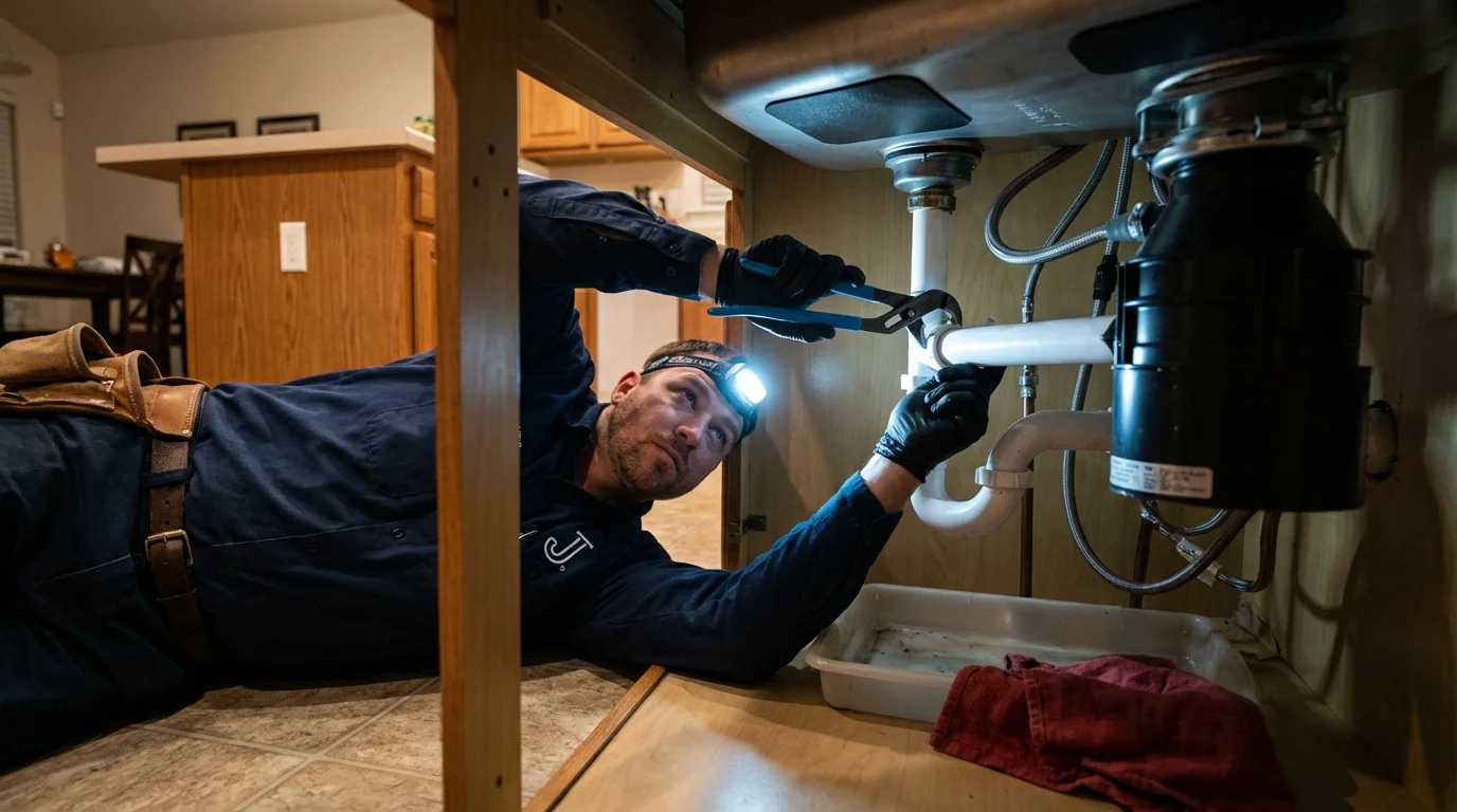 P-trap and supply line connections under a kitchen sink showing a common leak point in Rialto, CA